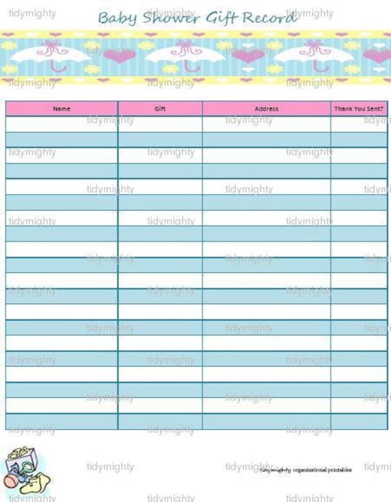 Baby Shower Gift Record / Tracker / Organizer Printable PDF
