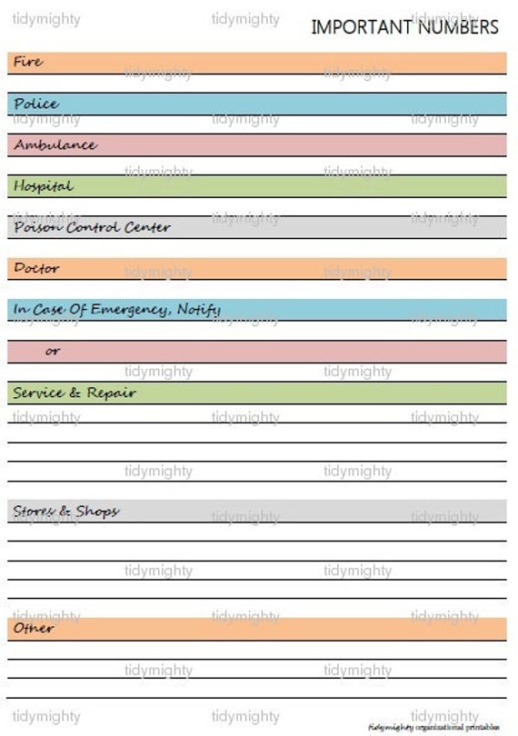 important numbers organizer list printable pdf by tidymighty