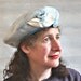 Felted Blue Hat - Wool Cloud Beret - Ribbonwork Flowers - Blue and White