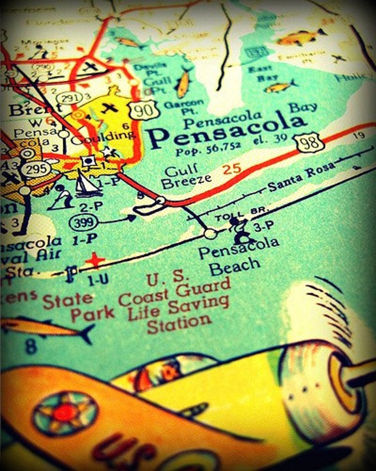 Map Decor Print Pensacola Beach Retro Florida By