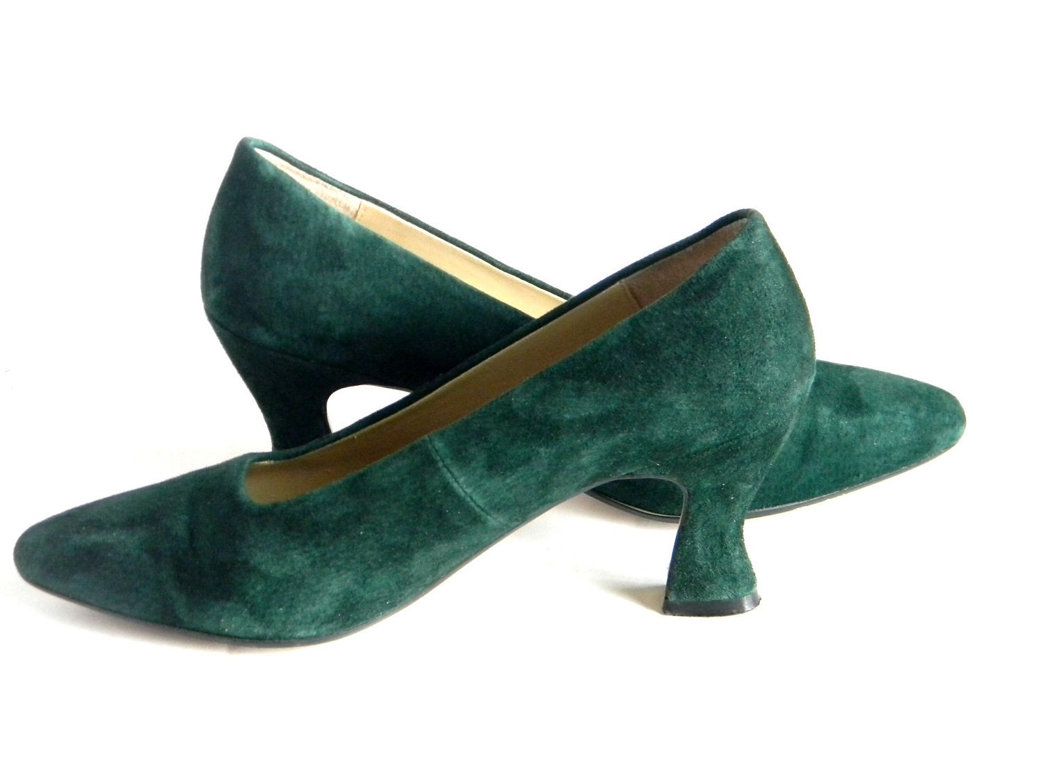 SALE Vintge Emerald Green Suede Mid Heel shoes 1980s Pump Mad