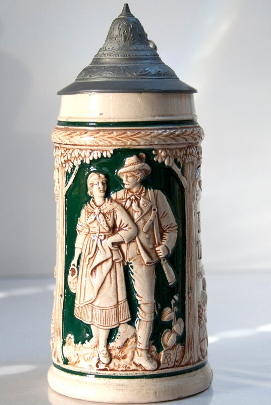 Antique German Beer Stein Signed KB with Pewter Lid Number 1