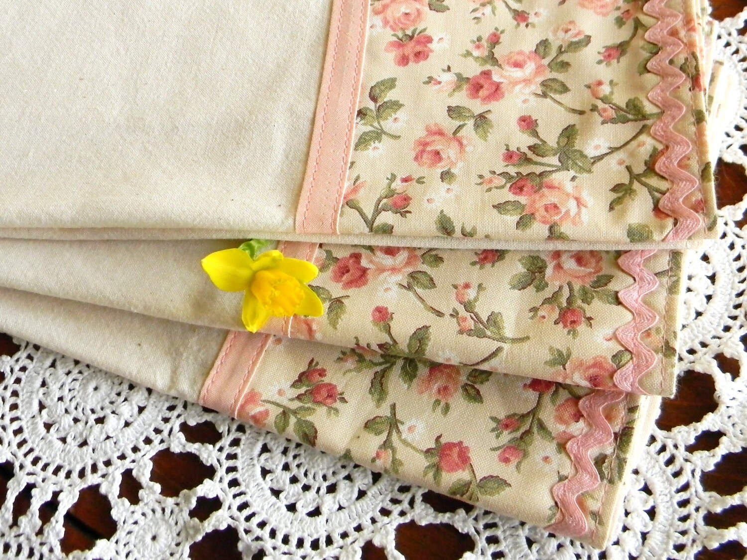 Handmade Muslin Kitchen Dish Towel with Dusty Pink Rose Buds