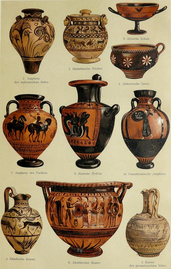 1897 Antique print of GREEK VASES. Pottery of Ancient Greece.
