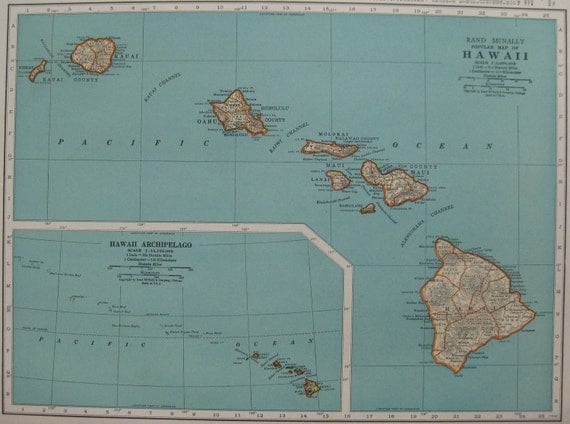 1940 Vintage HAWAII Map NEAT 1940s Antique Map of Hawaii