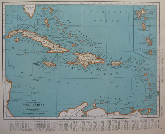 CARIBBEAN Map 1939 Vintage Map West Indies Islands by plaindealing