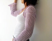 Hand knit crochet shrug, purple lavender cotton bolero, long sleeved size M