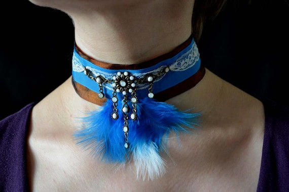 SALE Peacock blue choker - 'The Duchess' - Steampunk inspired design with ribbon, copper taffeta, soft marabou feathers and beads. by TheNavigatrix steampunk buy now online