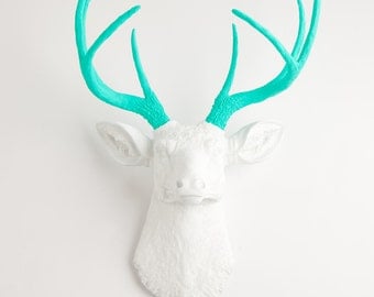 White Faux Taxidermy Deer Head Decor- The Oleg - White W/ Turquoise Antlers Resin Faux Deer Head- faux taxidermied Stag - Faux Animal Head