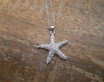 Rhinestone Starfish Necklace - Silver Starfish Necklace - Beach Wedding Necklace - Beach Wedding - Wedding Jewelry