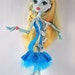 Monster High handmade doll clothes stretchy bright Spectacular sea blue dress with silver sea weed trim