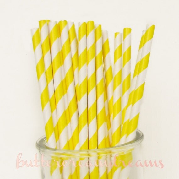 Striped Paper Drinking Straws (25) - Bright YELLOW - Includes Free Printable Straw Flags Il_570xn