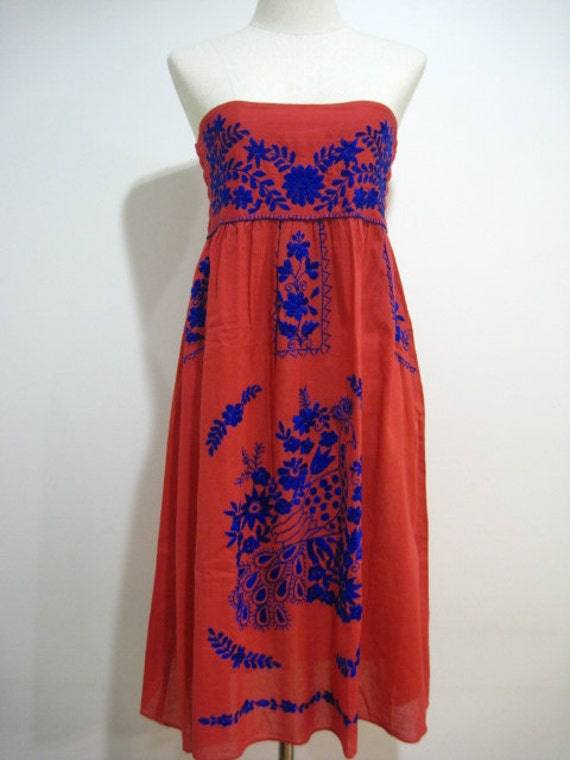 Mexican Embroidered Sundress Cotton Strapless In Red by chokethai