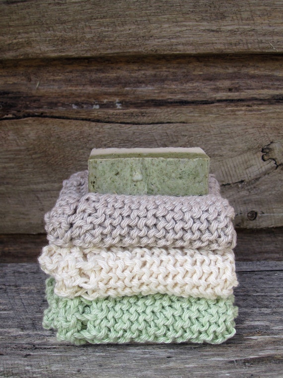 set of three handmade wash cloths knitted wash cloths face
