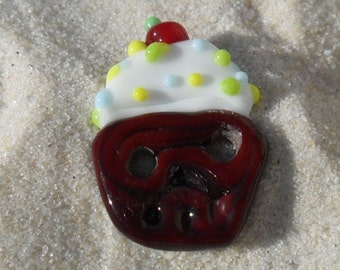 Lampwork Button Cupcake 2 Hole Button, Artisan Handmade Glass Button SRA LETEAM Glassymom