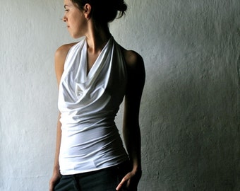 Halter Top, White Jersey Tshirt, Women clothing, Jersey Blouse, sleeveless top, Draped, Jersey shirt, Yoga clothing, plus size, Party top
