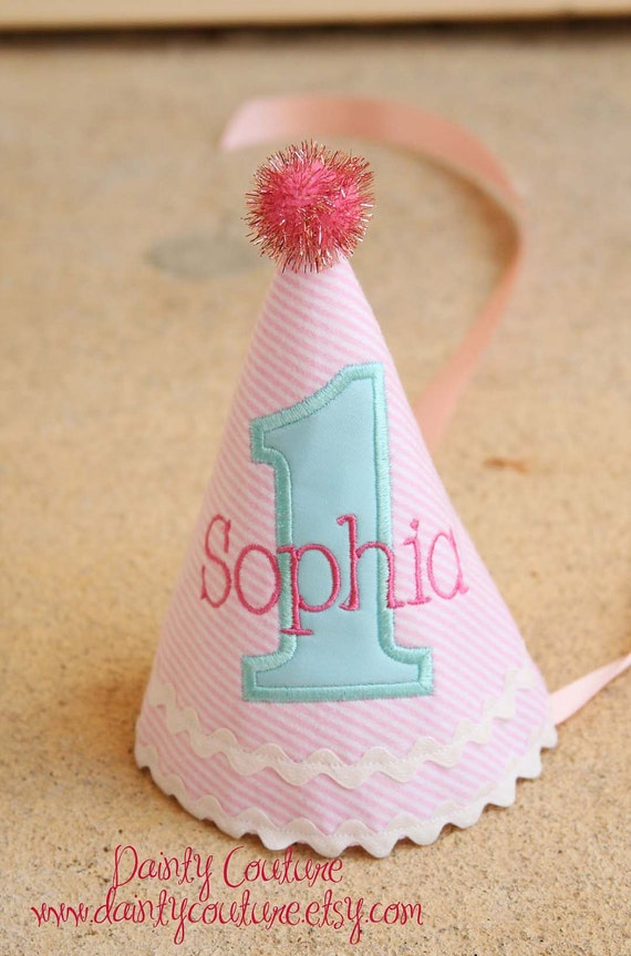 Girl First Birthday Hat Pink and aqua Winter Wonderland