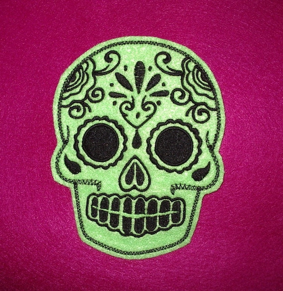 Mexican Day of the Dead Sugar Skull Patch Embroidery lime and black