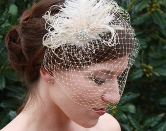 As Seen in Polka Dot Bride Champagne Birdcage Veil with Ostrich Feather Wedding Fascinator