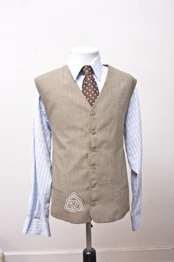 Men's Size 50/XXL Beige Vest Upcycled with Celtic by BrightWall