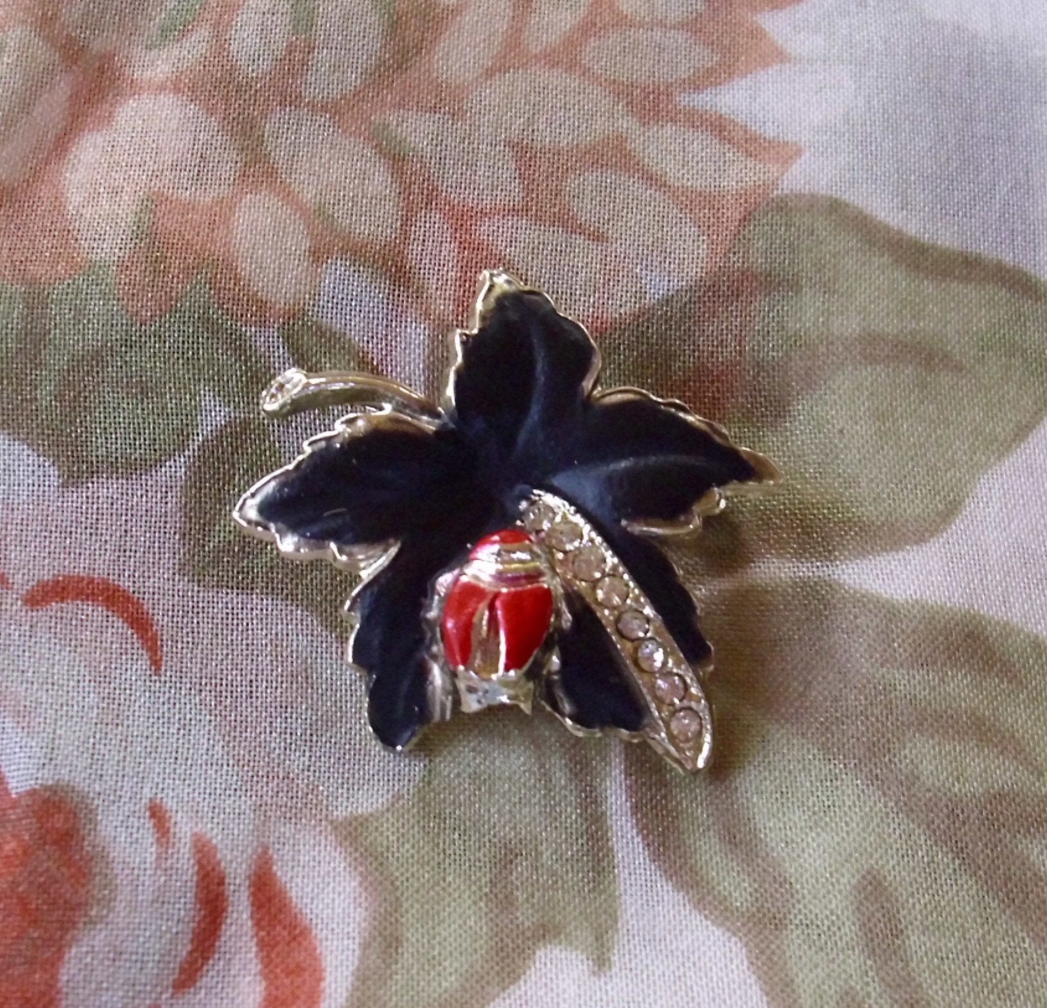 Ladybug Vintage Rhinestone Leaf Brooch Haute Juice