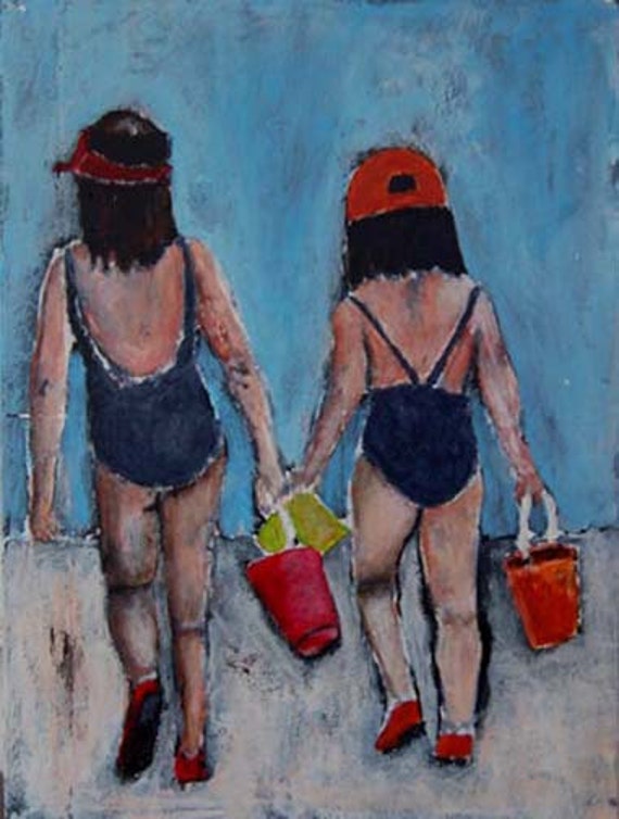 Original Acrylic Portrait Painting Two little girls, beach, baseball caps, bathing suits - Sand Pails 9x12 Original
