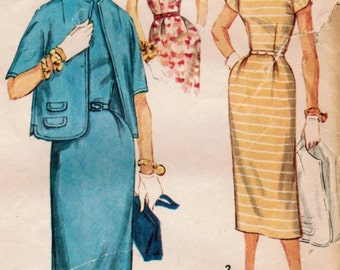 1950s Simplicity 1078 Vintage Sewing Pattern Misses Slim Dress, Sheath, Cardigan Jacket Size 18 Bust 36