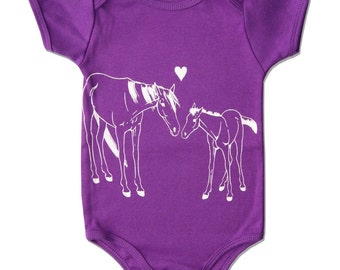 Horse Onesie, HORSE and Foal, Organic Baby Clothes, Violet Purple baby clothes, baby bodysuit, organic cotton, baby shower gift, horse lover