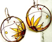 Sunflower Earrings. Sunflower Jewelry. Round Copper Earrings. Amber Earrings. Flower Earrings. Flower Jewelry. Wire Jewelry. Summer Earrings