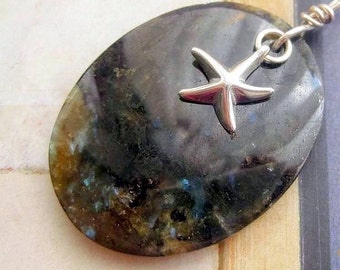 Labradorite Pendant. Starfish. Sterlng Silver Star Fish & Gemstone Pendant. Sea Maiden