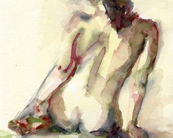 Female Portrait, Watercolor Print, Nude Figure, Yellow Painting, Wall Art, Decorative Art, Figurative Art, Nude Watercolor, Nude Female