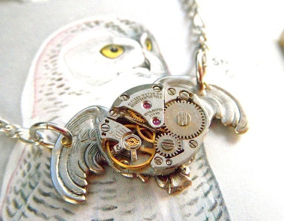 Steampunk Necklace Antiqued Silver Owl Gothic Victorian Inspired Vintage Watch Movement Popular Steampunk Style Fashion Jewelry by CosmicFirefly steampunk buy now online
