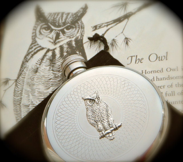 Silver Owl Flask Round Gothic Victorian Steampunk Flask Vintage Inspired Accessories