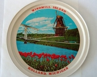 Vintage Metal Tray, Summer Vacation Souvenir Barware Holland Michigan Tray, Metal Serving Tray, Windmill Island Tray Made in Hong Kong