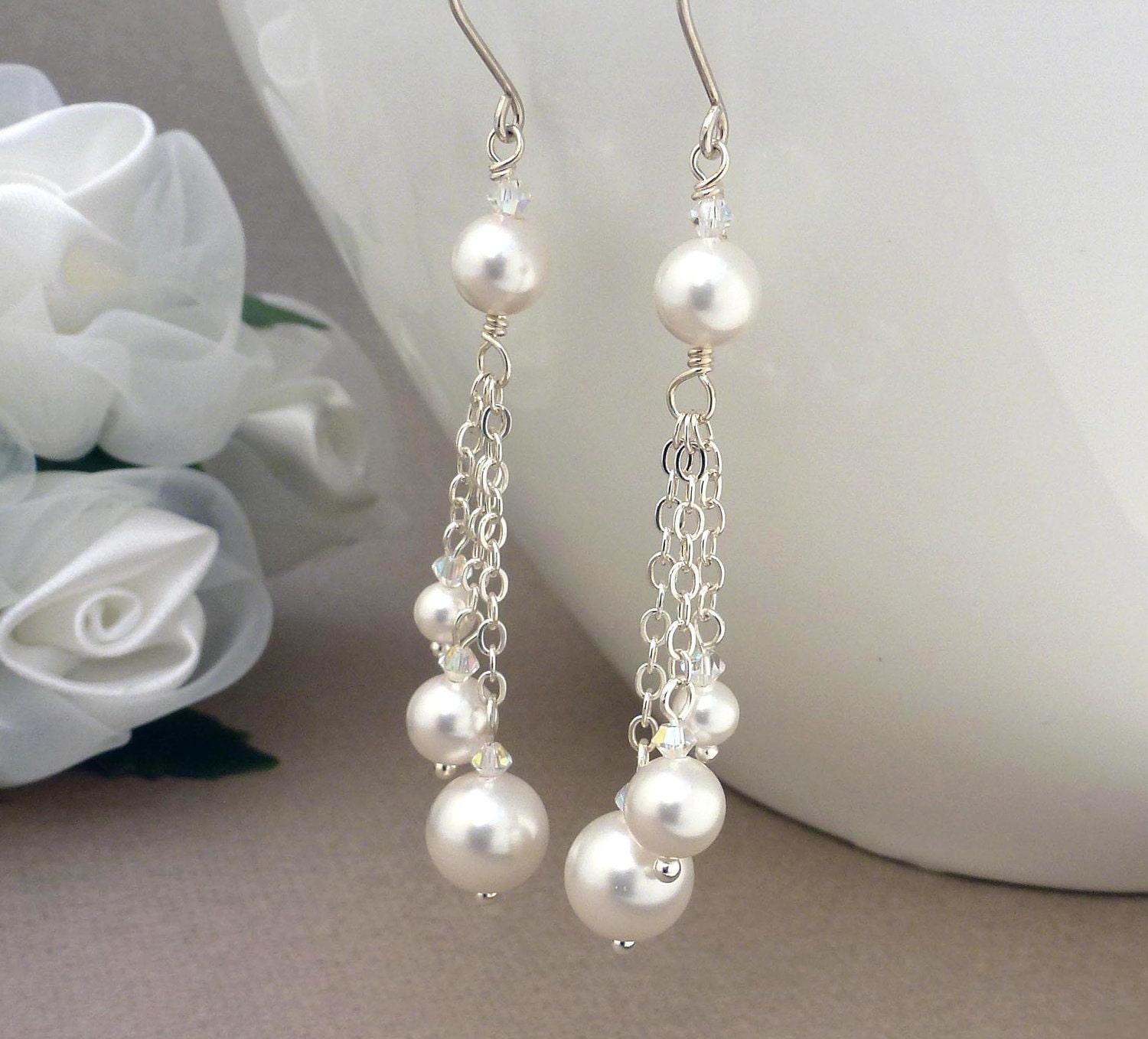 Long White Pearl Earrings Pearl Wedding By Creativityjewellery