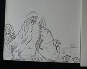 Farm Chicken Rooster Chicks Notecard Set - Hand Colored Artwork