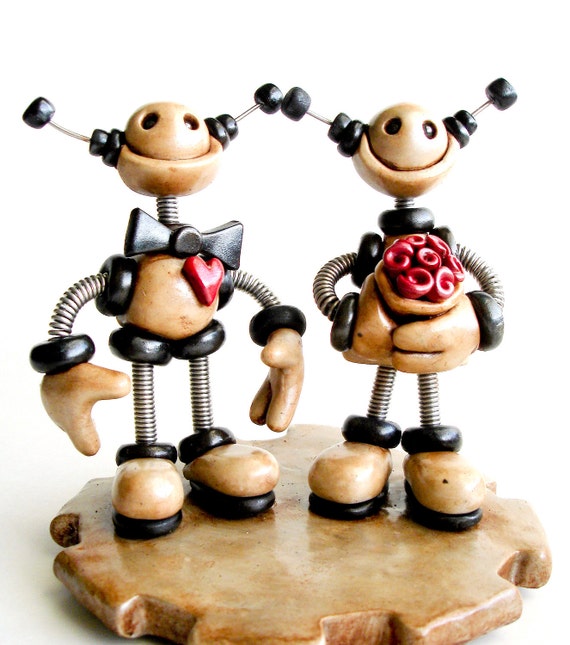 Rustic Robot Wedding Cake Topper MADE TO ORDER Robot Bride and Groom 6 inch - Clay and Wire