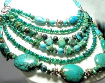Turquoise Designer Necklace Real Turquoise Bib Collar Statement Necklace 6 Strand Genuine Turquoise Nugget Gemstone Necklace with Sterling