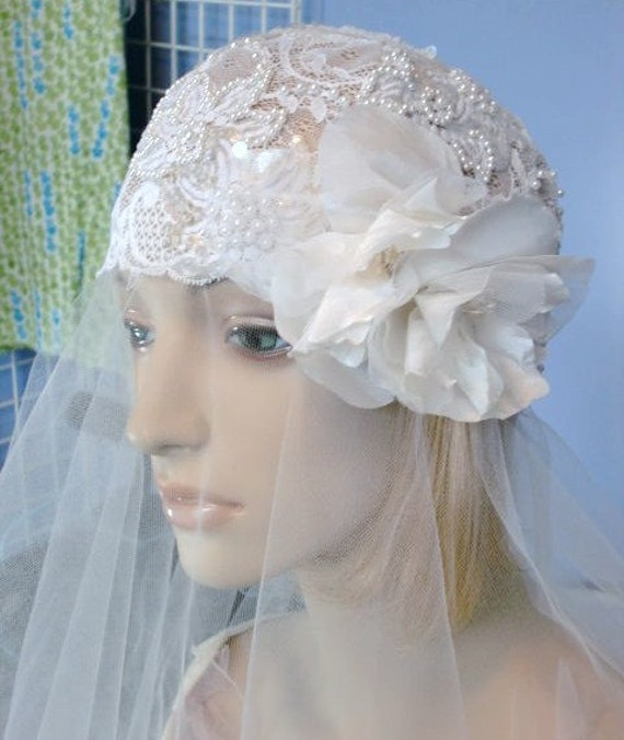 Lace Bridal Cap Downton Abbey Cloche Beaded Wedding Head Piece
