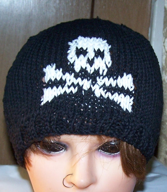 Skull & Crossbones Hat Beanie Hand Knit MADE TO ORDER Black