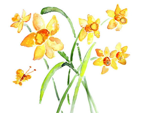 Orange Watercolor Flowers Print Daffodil Painting Bedroom