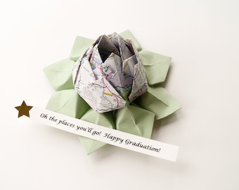 Graduation Gift - Map Lotus Flower with PERSONALIZED Message Handmade origami from Recycled Map and leaf green paper with gift box