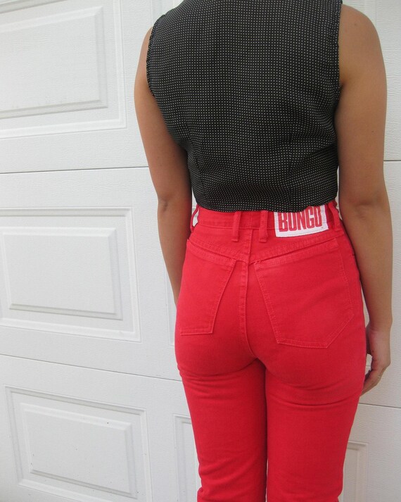 red denim pants