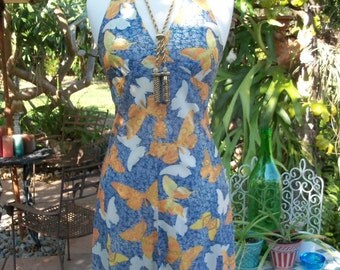 70s BUTTERFLY PRINT DRESS--Butterfly Sugar Baby--Halter--Upcycled--Handmade