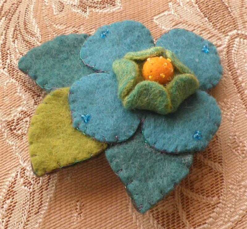 Blue Felt Flower Pin Blue Yellow Dogwood Brooch by NeedleCraftNook