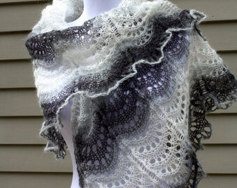 Knitted Shawl, Lace, Tiangular, Black and White, Waves Pattern