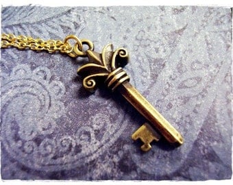 Gold Fleur Key Necklace - Antique Brass Pewter Fleur Key Charm on a Delicate Gold Plated Cable Chain or Charm Only