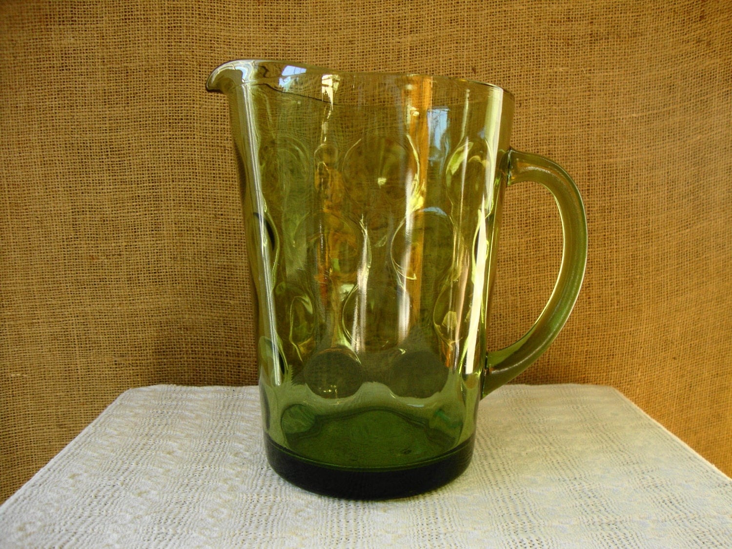 VINTAGE 1960s Green Glass Pitcher Polka Dot Thumprint Ice Tea