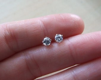 White Zircon Stud Post Earrings, set in Sterling Silver, 3.5 mm