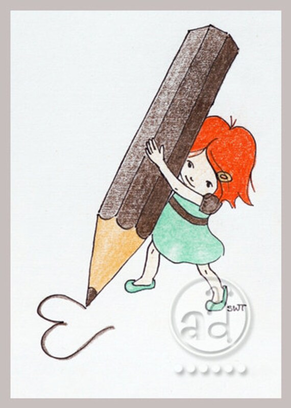 Items similar to Little Girl Loves To Draw - art print 5x7 post card